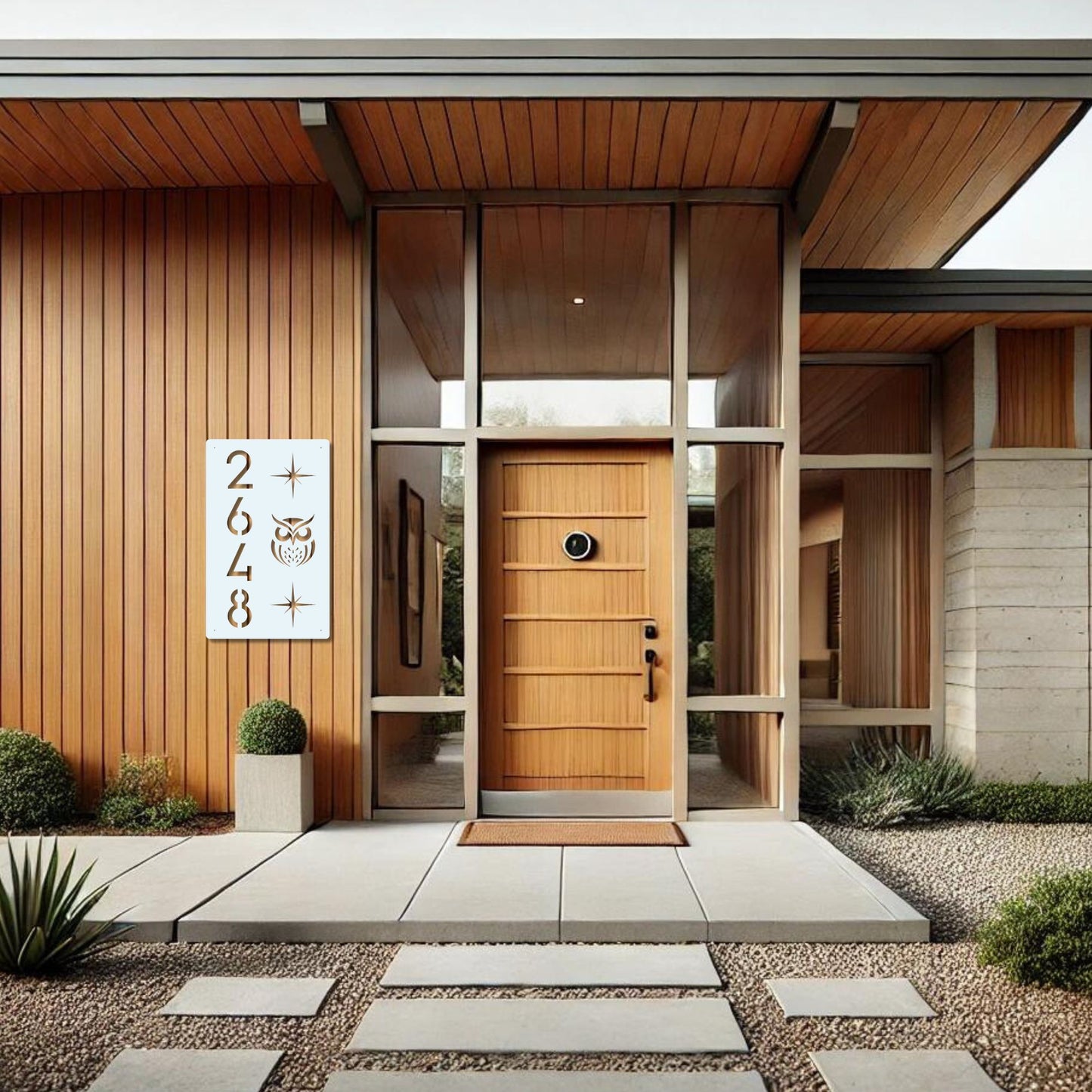 Modern house entrance with wooden door and decorative wall art