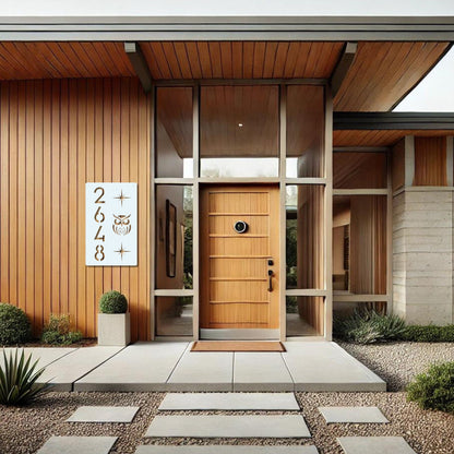 Modern house entrance with wooden door and decorative wall art