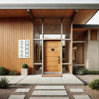 Metal Address Sign, Vertical Starburst Block shown in white on modern mid century style house