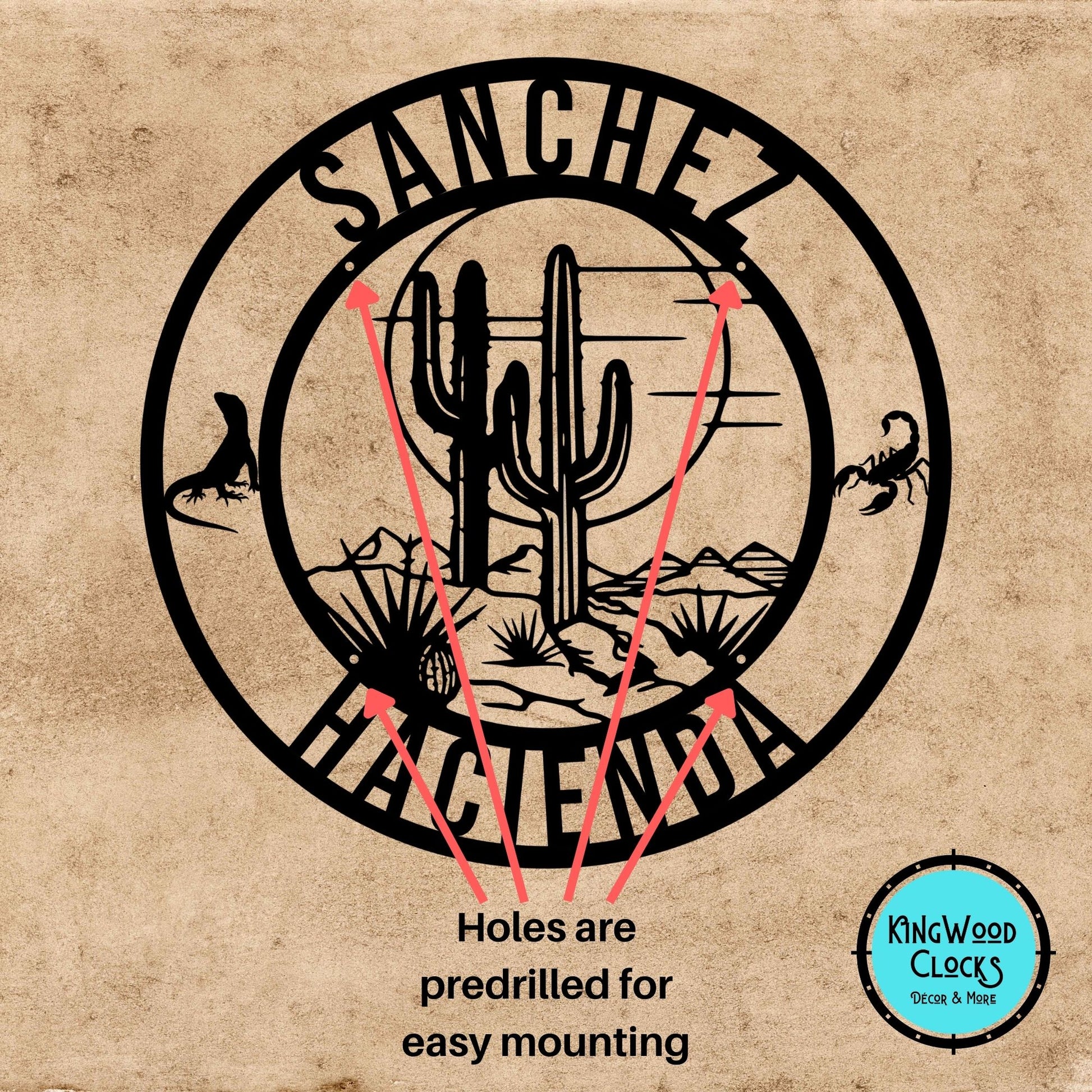 Decorative metal sign with cactus design and branding on a brown background