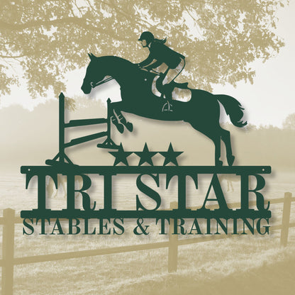 Decorative sign for TriStar Stables & Training with a horse and rider silhouette.