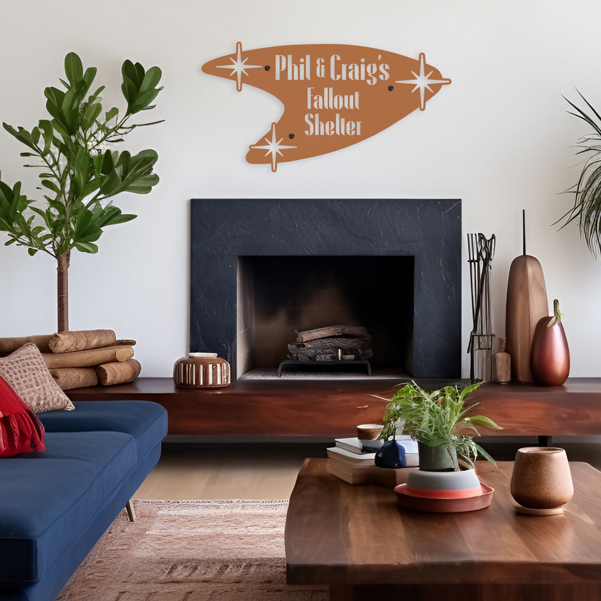 Living room with a blue sofa, wooden coffee table, and decorative wall sign.