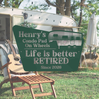 Personalized sign for a retired person with an RV and chair in the background