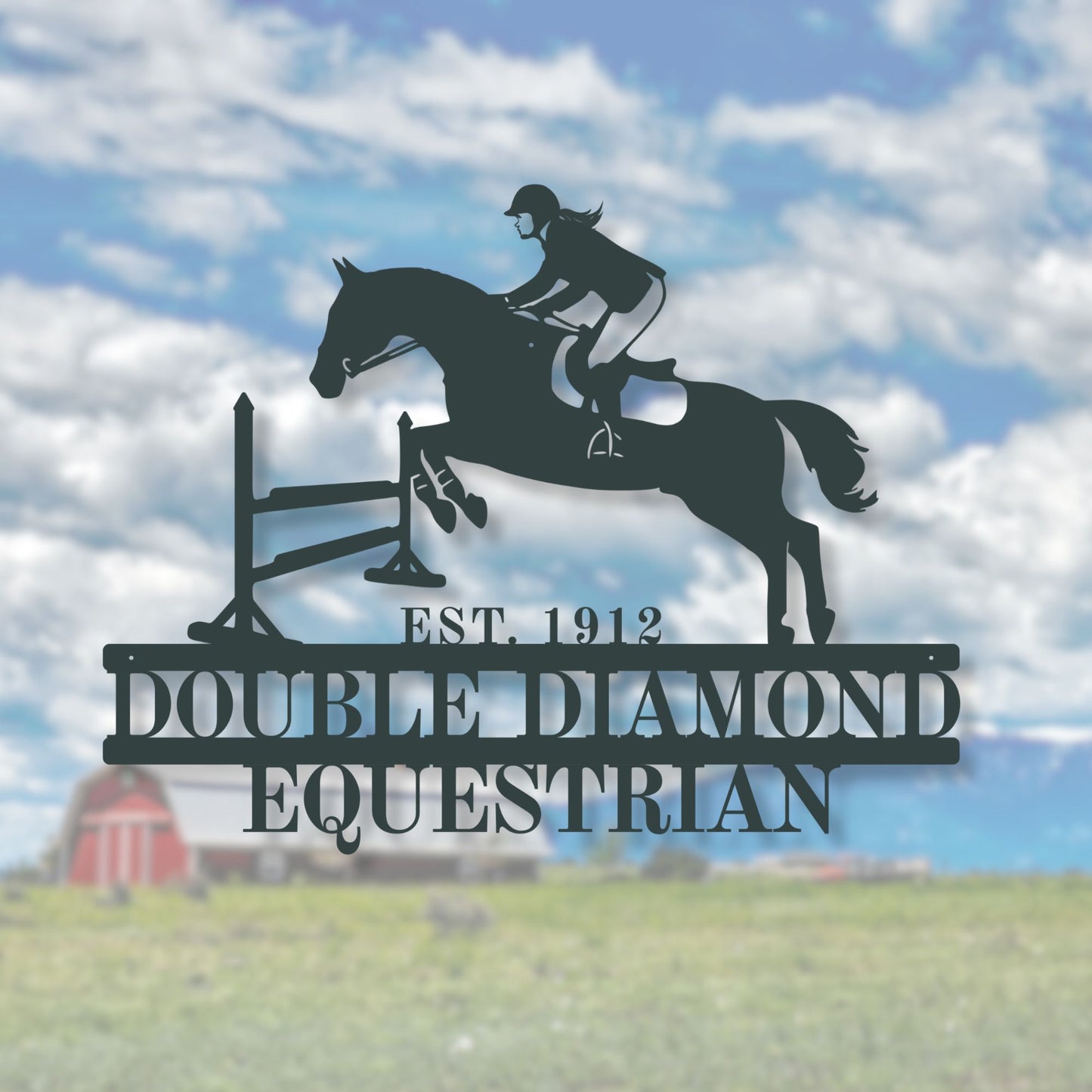 Decorative metal sign of a horse and rider jumping over a fence with 'Double Diamond Equestrian' text against a cloudy sky.