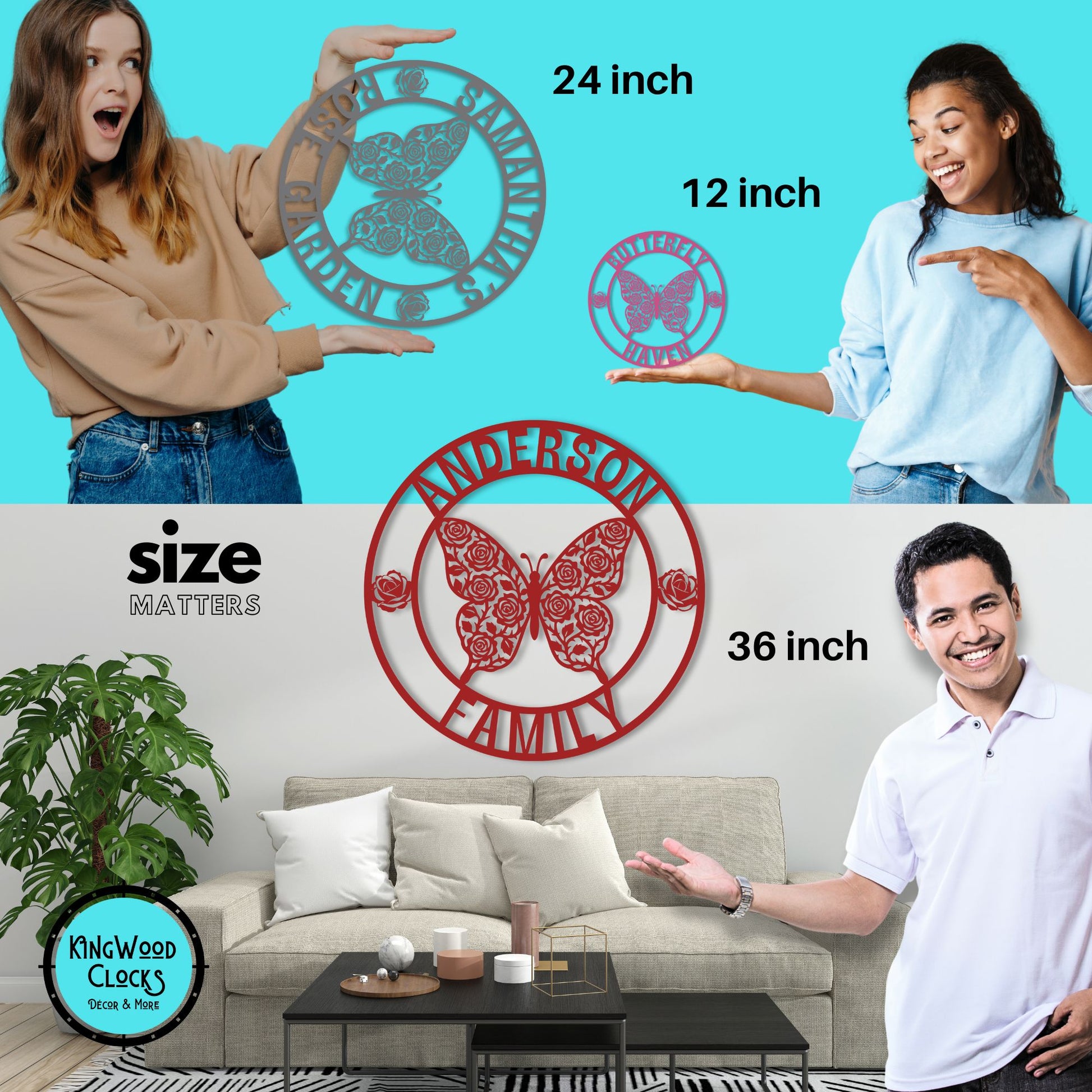 Three people holding metal wall art with sizes displayed, a living room setting with a sofa and coffee table.