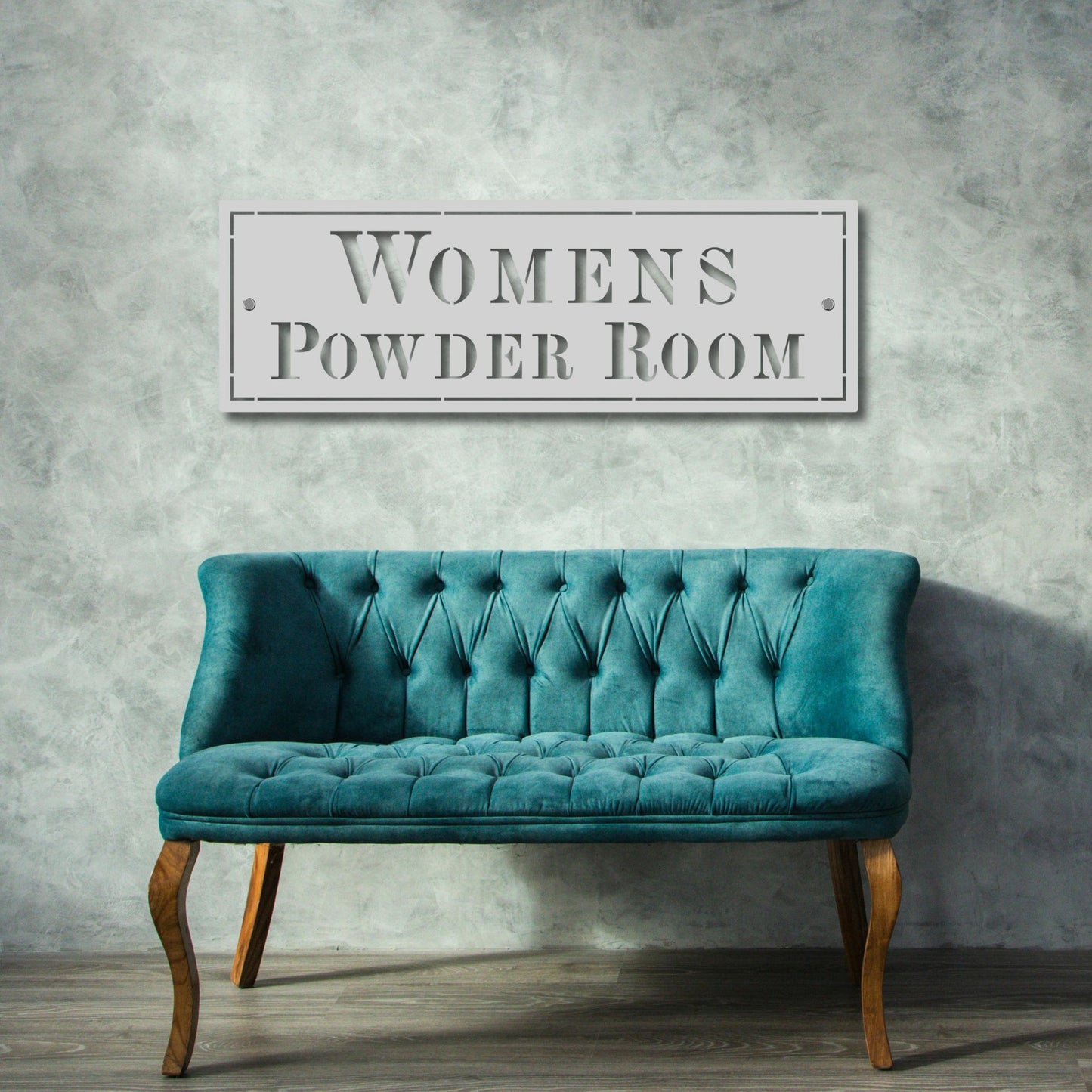 Custom Metal Name Sign, Formal Rectangle Wall Plaque smoke hanging over couch for womens powder room