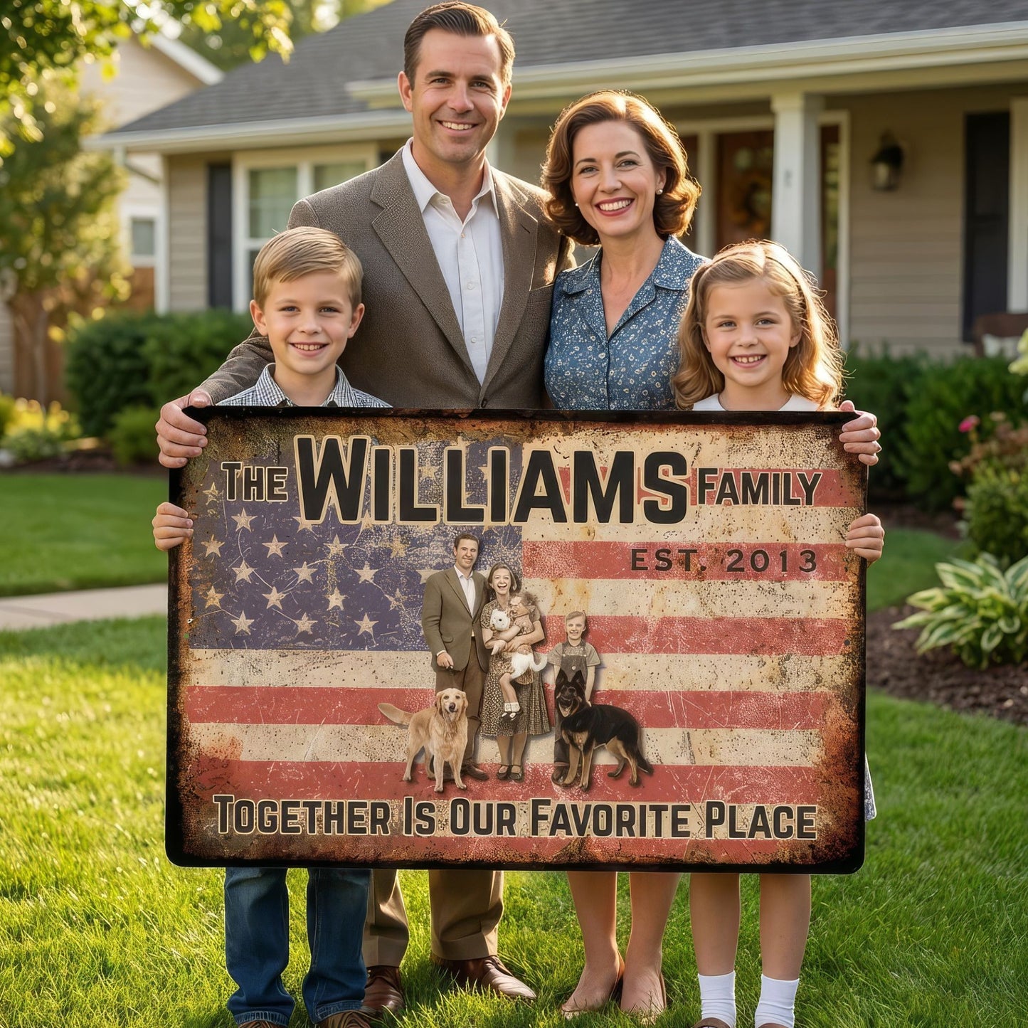 Family holding a sign with 'The Williams Family' and an American flag design in front of a house.