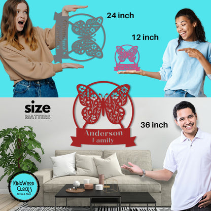 Collage of people holding butterfly-shaped cutouts of different sizes with a living room setting.