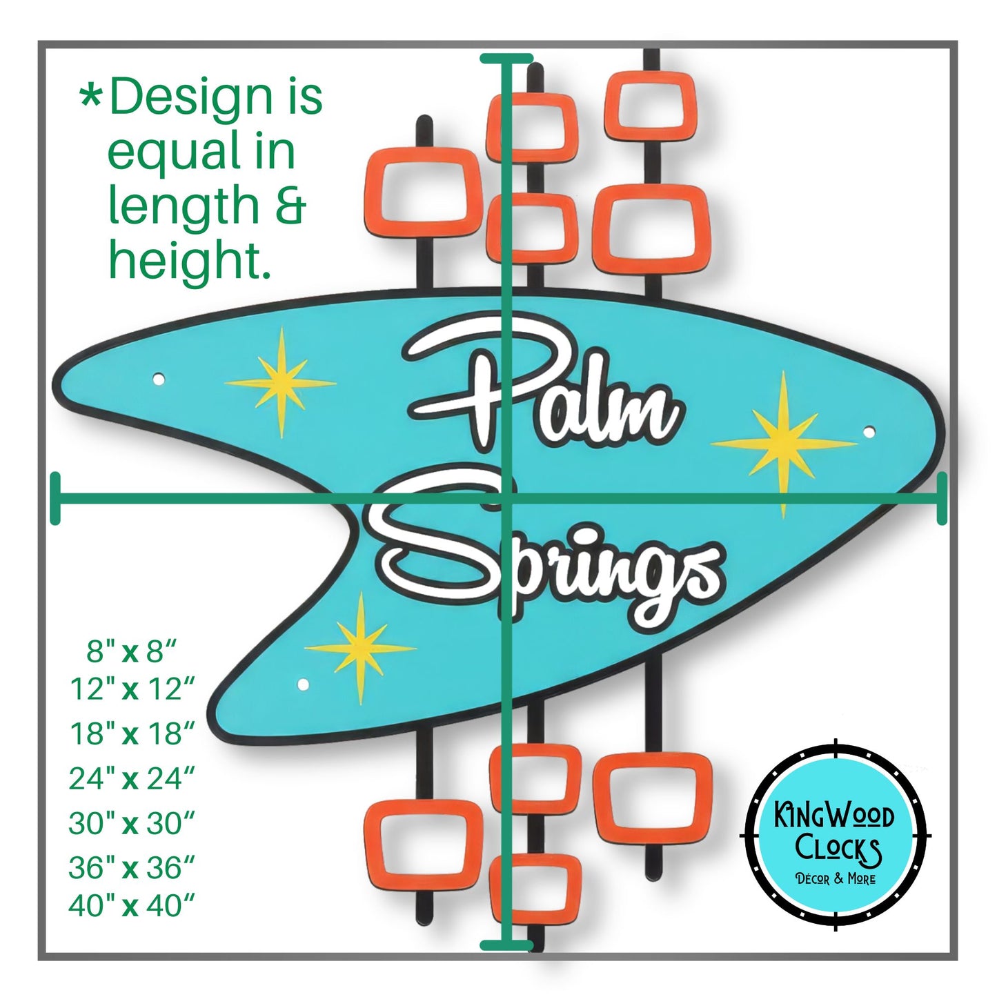 Decorative sign with 'Palm Springs' text and Kingwood Clocks logo, showing size options.