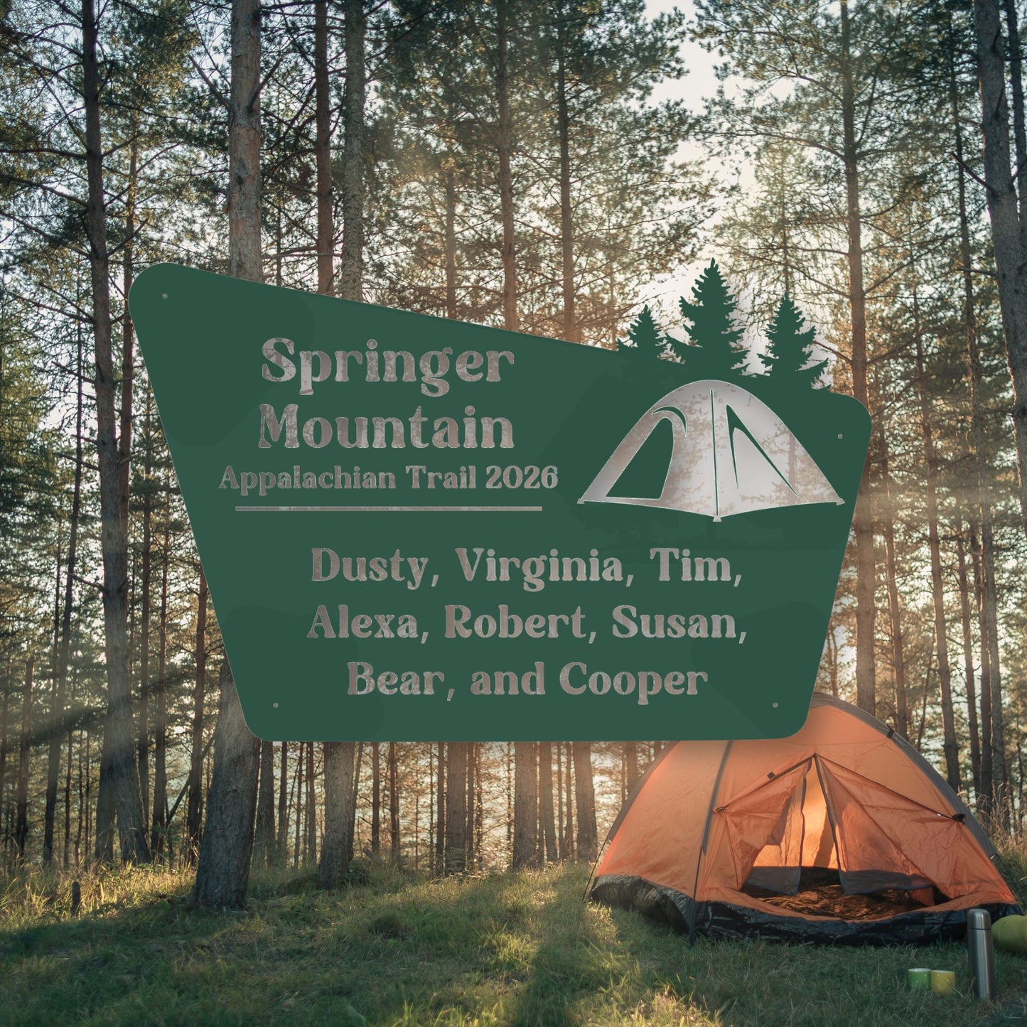 Camping scene with a sign for Springer Mountain Appalachian Trail 2026 and an orange tent in the woods.