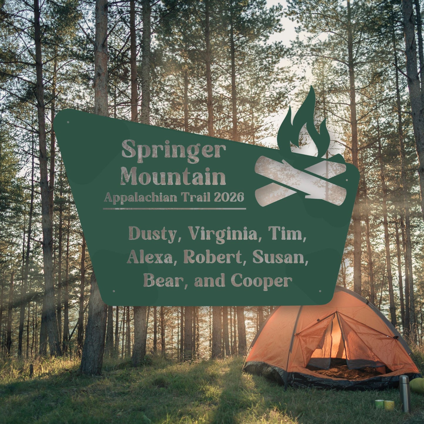 Camping scene with a sign for Springer Mountain Appalachian Trail 2020 and an orange tent in the woods.