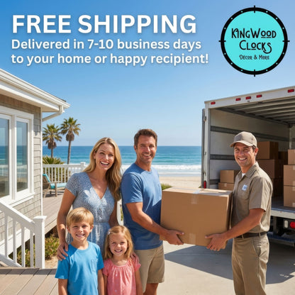 Family receiving a package from a delivery man with promotional text for free shipping.
