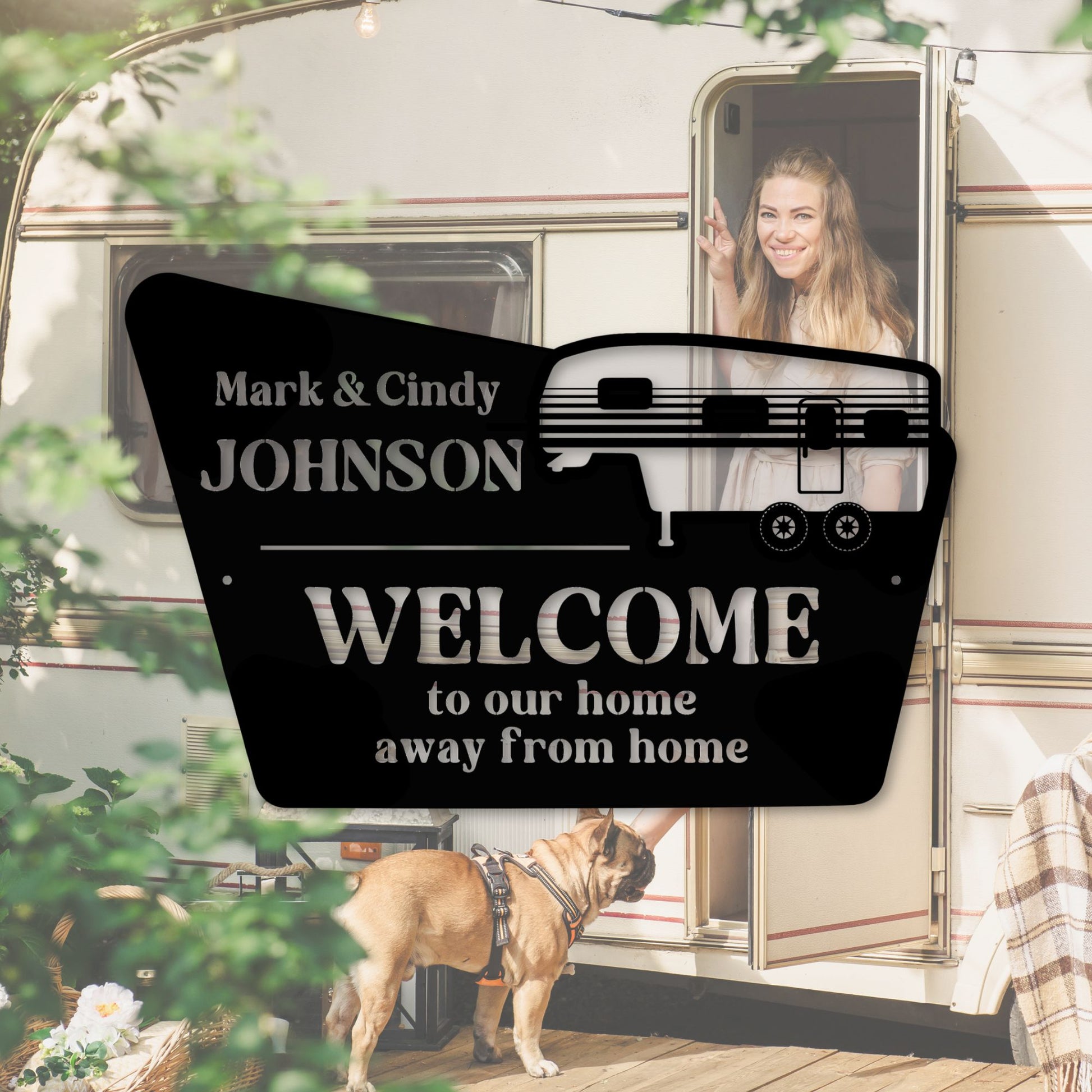 Personalized welcome sign for Mark & Cindy Johnson with a woman and dog in front of an RV.
