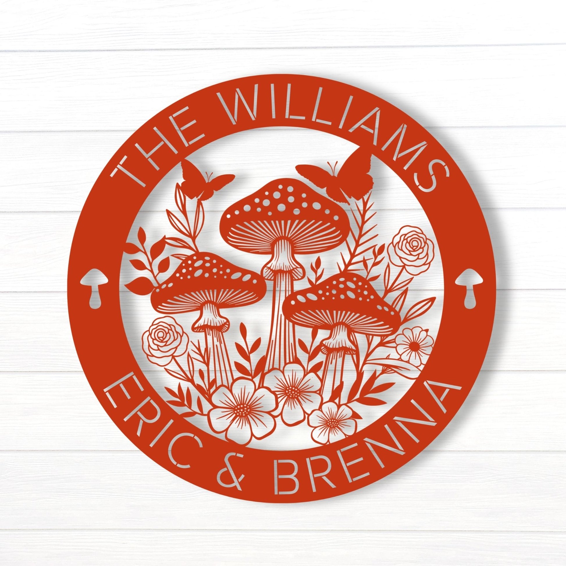 Circular design with mushrooms, flowers, and butterflies on a white background with red border.