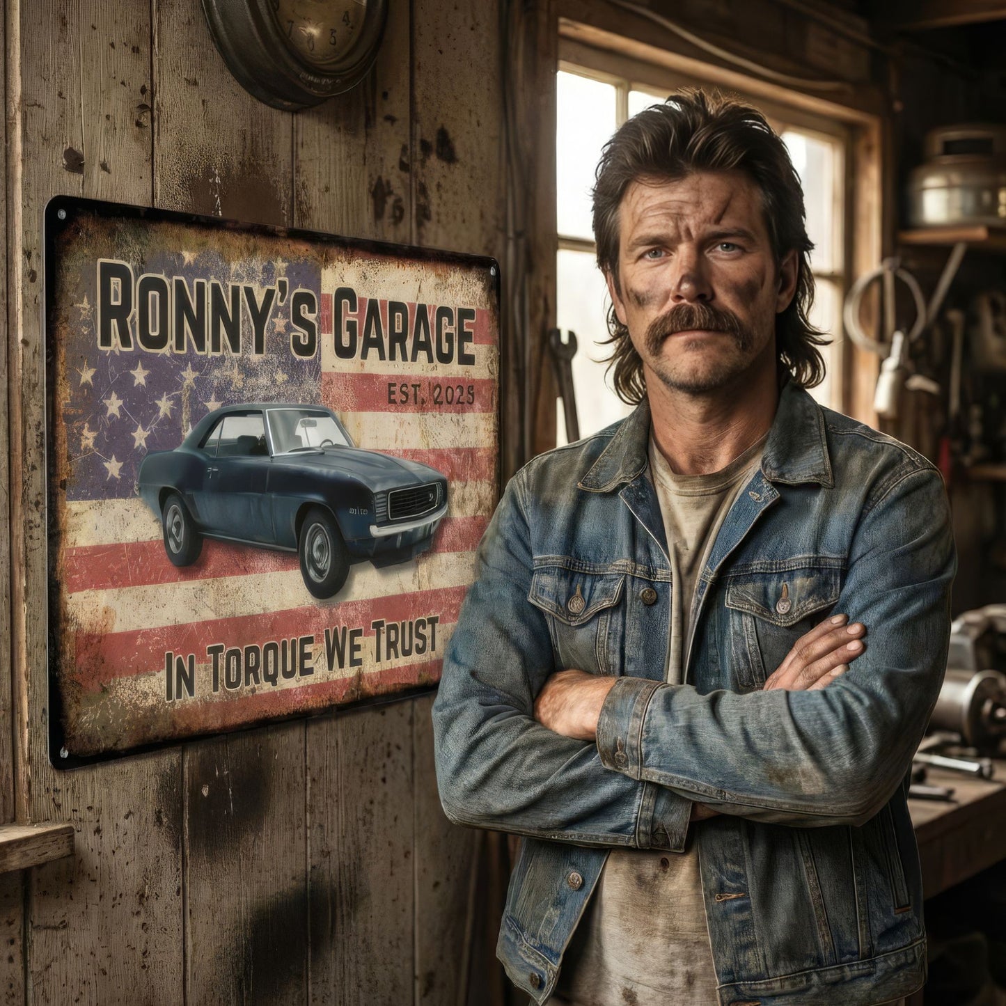 Man standing in a workshop with 'Ronny's Garage' sign featuring an American flag and classic car.