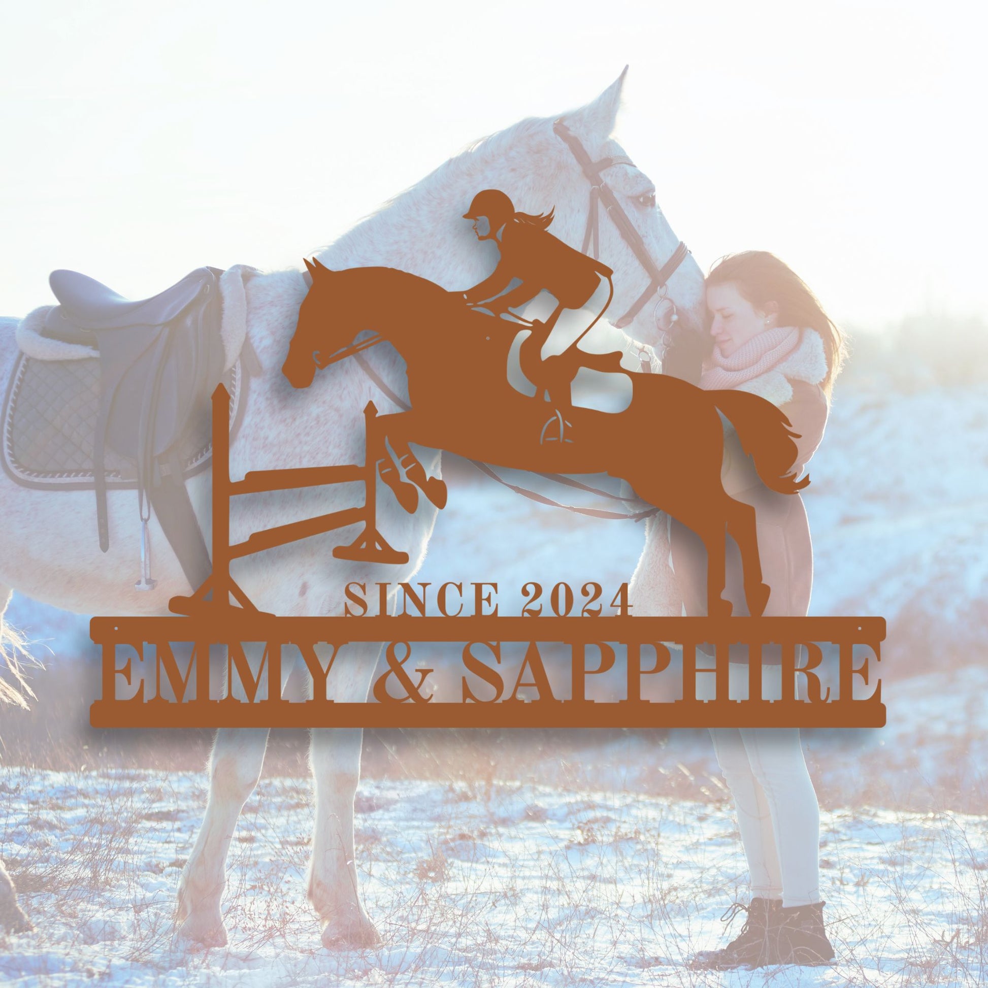 Horse and rider silhouette with 'SINCE 2024 EMILY & SAPPHIRE' text overlay on a white horse in a field.