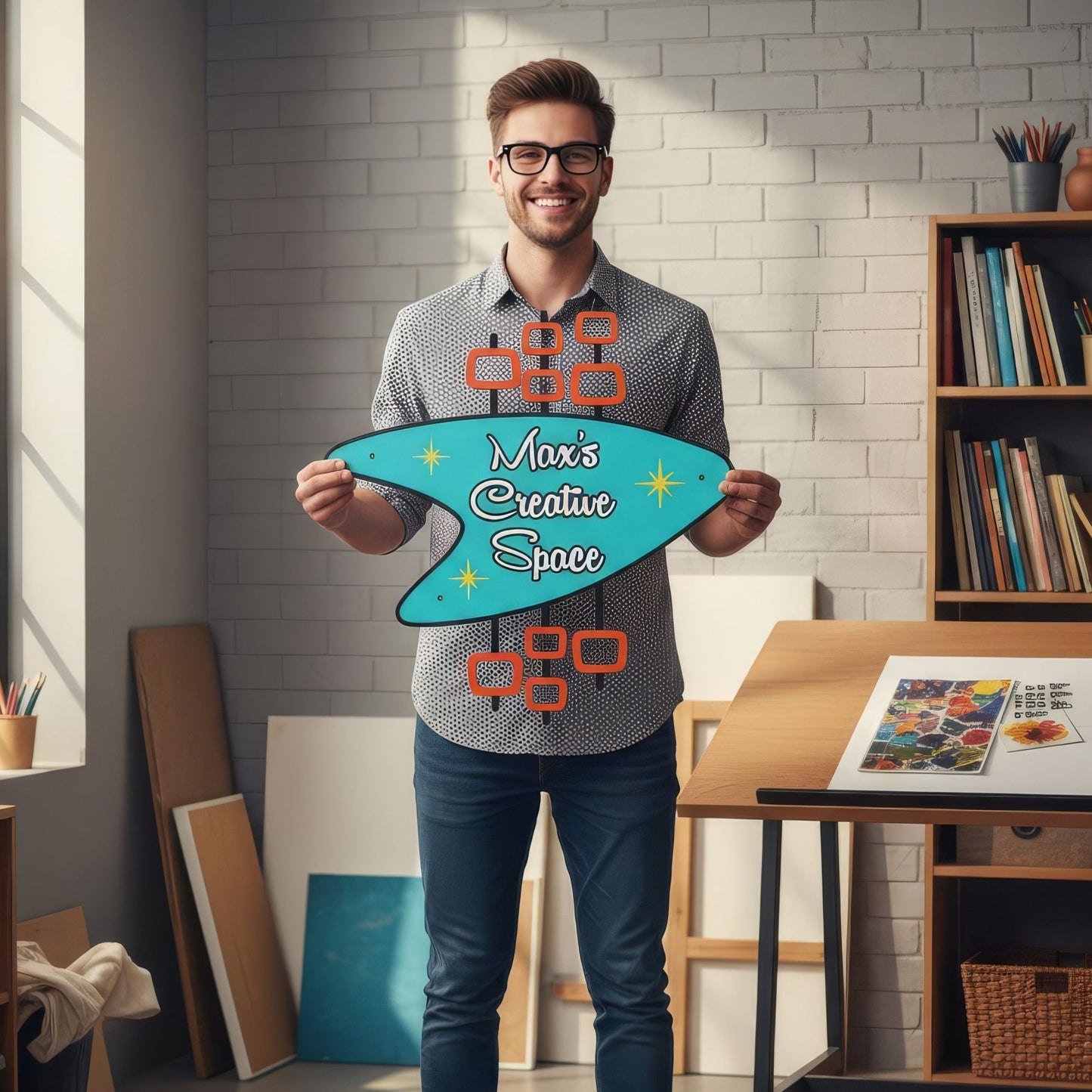 Personalized Retro Metal Sign with man holding up in his art studio, inscription says Max's Creative Space