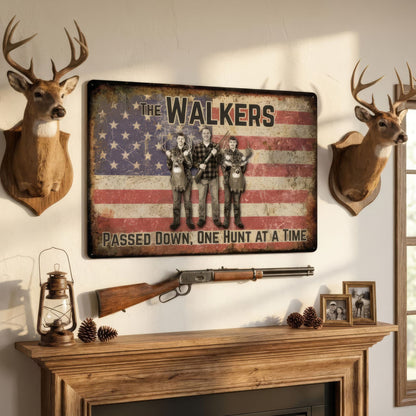 Decorative sign with 'The Walkers' and American flag design above a fireplace with hunting decor.