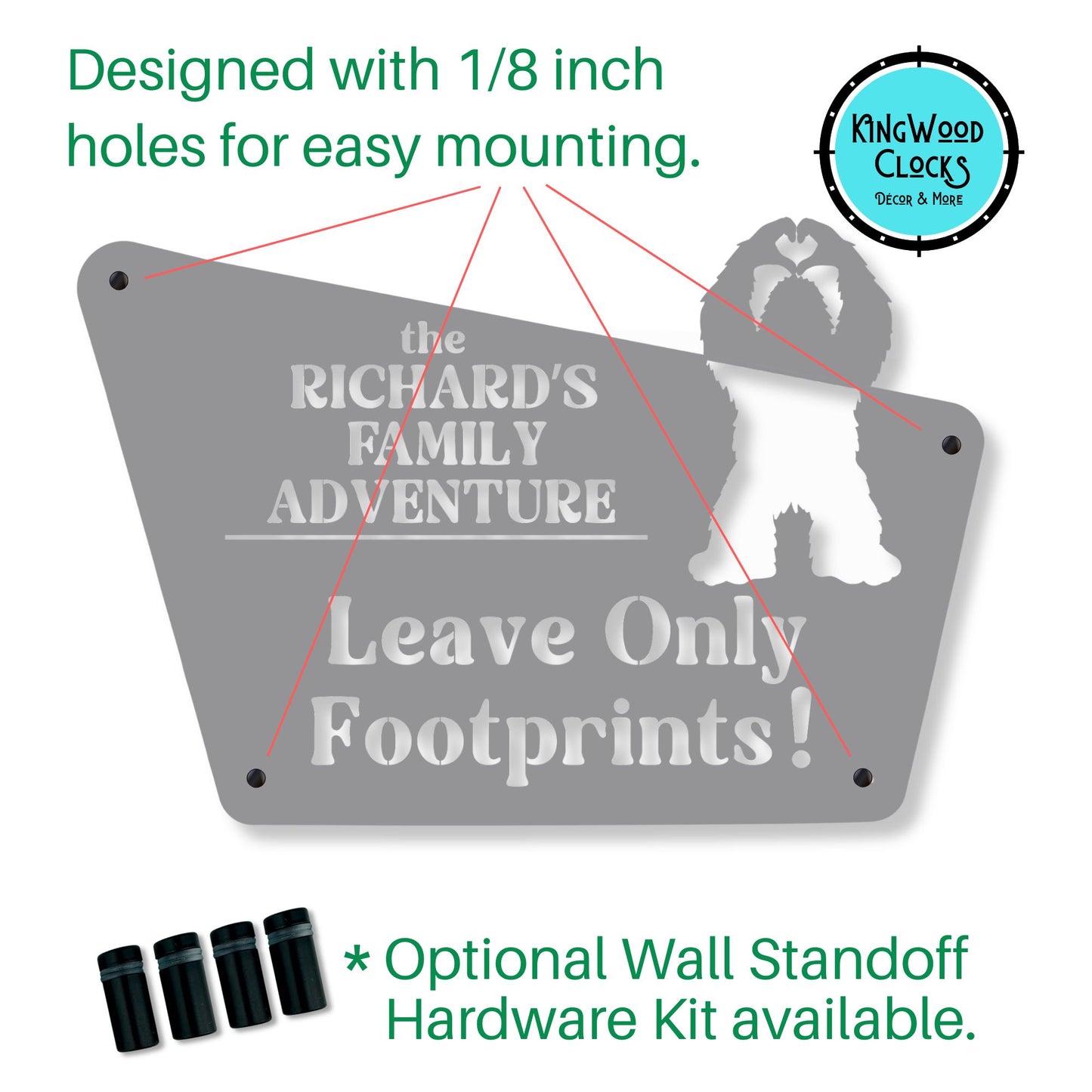 Metal sign with dog silhouette and text, featuring Kingwood Clocks logo.