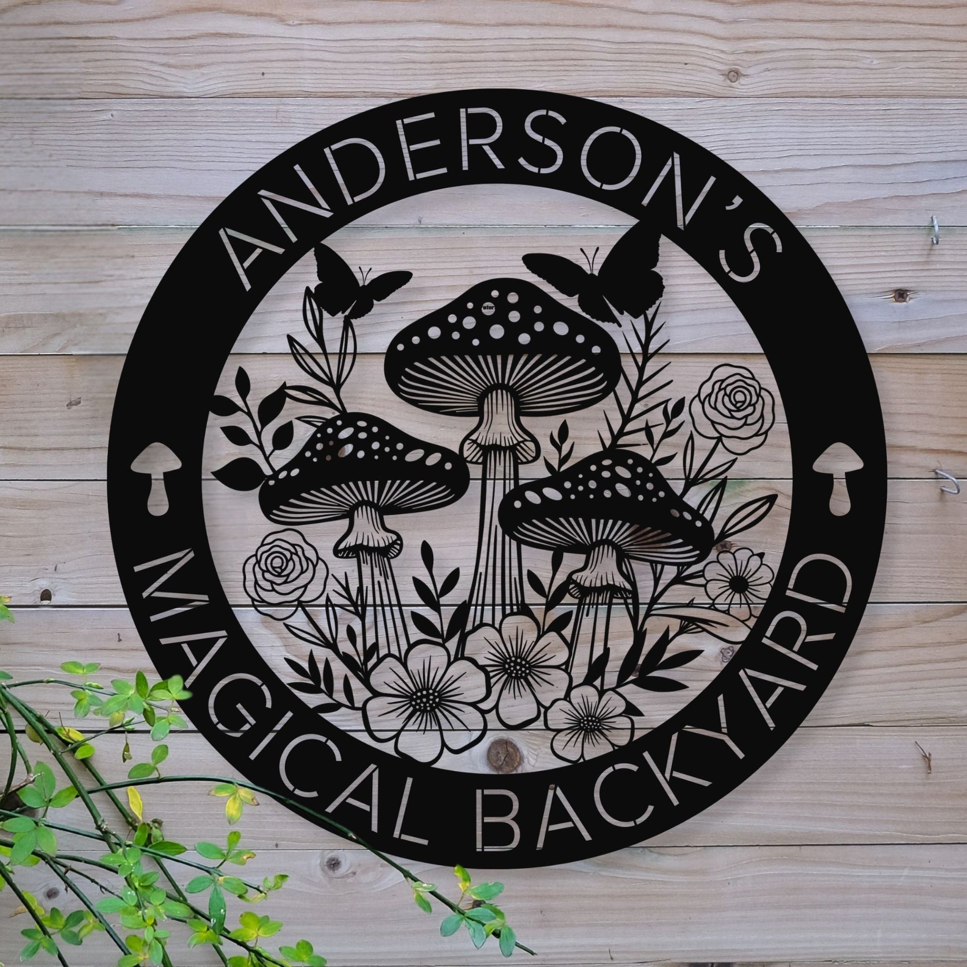 Decorative sign with mushrooms and flowers on a wooden background