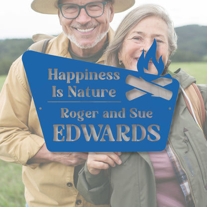 Two people holding a sign with 'Happiness Is Nature' and 'Roger and Sue Edwards' text, standing outdoors.