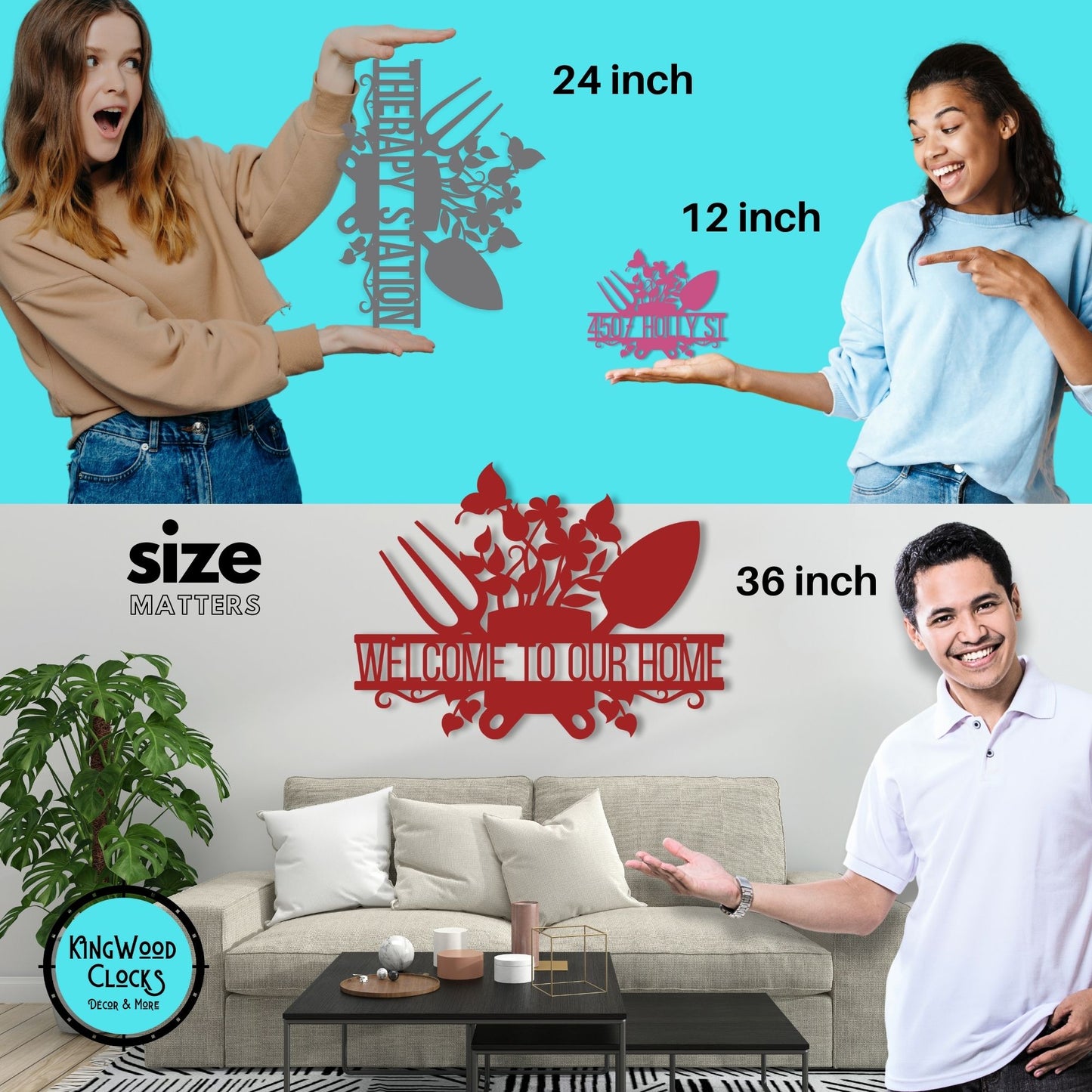 Three people showing wall art with different sizes and a living room setting.