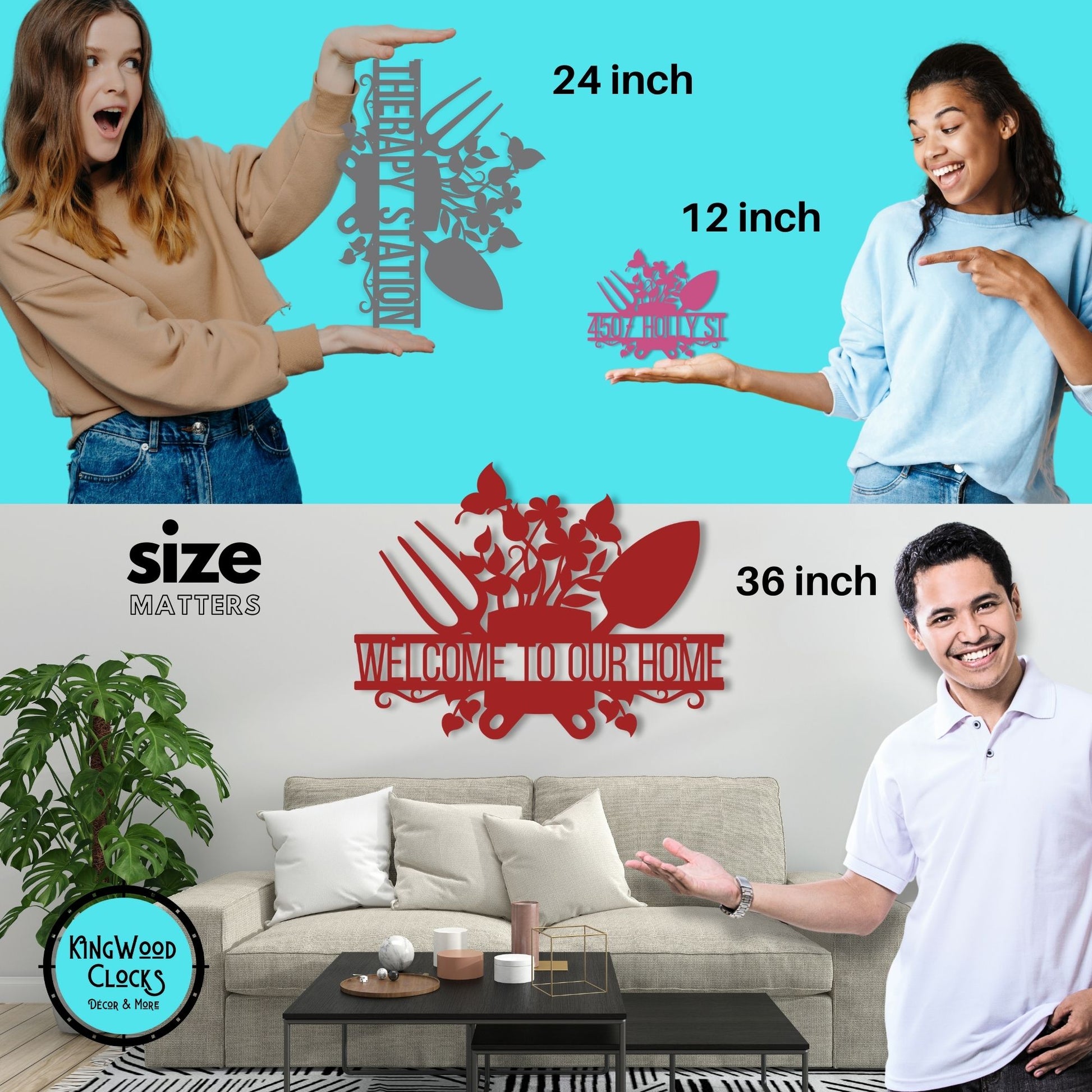 Three people showing wall art with different sizes and a living room setting.