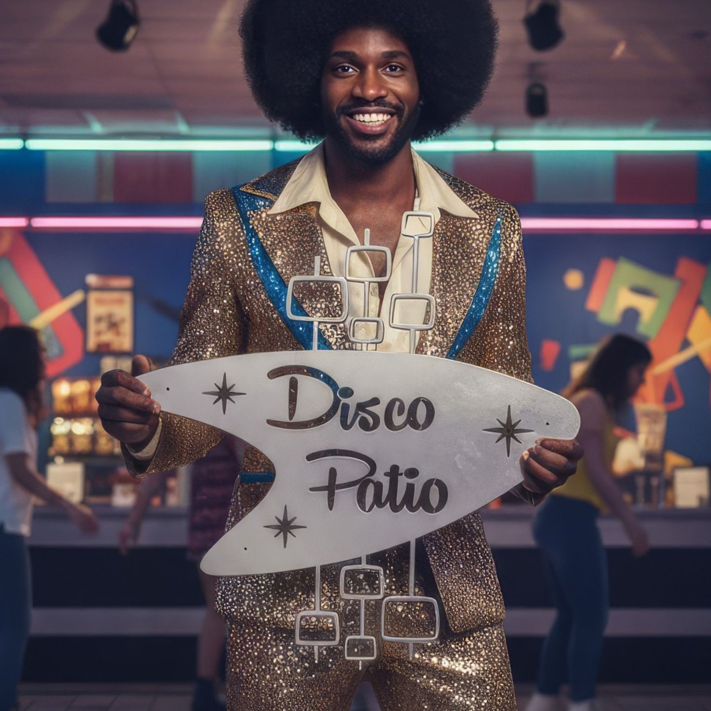Man in a gold sequin outfit holding a 'Disco Patio' sign in a disco setting.
