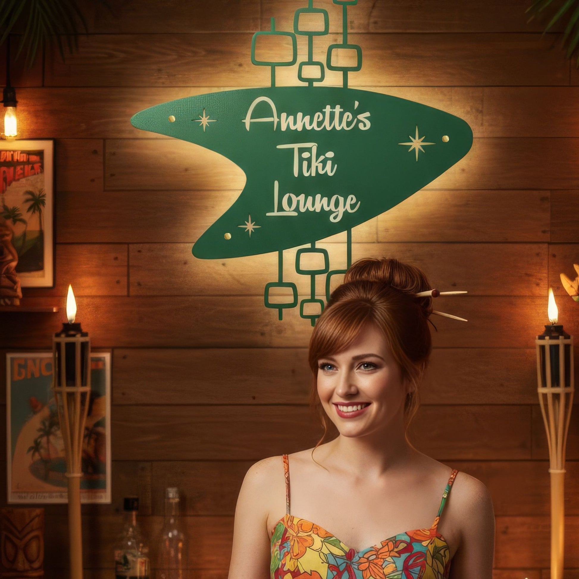 Woman in a colorful dress standing in front of 'Annette's Tiki Lounge' sign on a wooden wall.