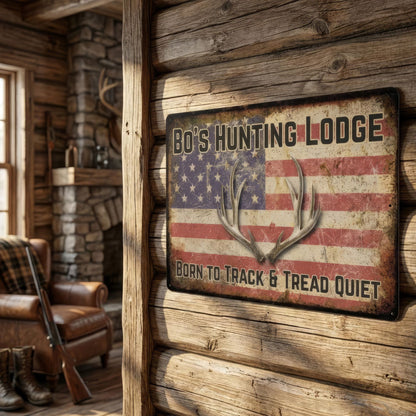 Decorative sign for Bo's Hunting Lodge in a rustic cabin setting.