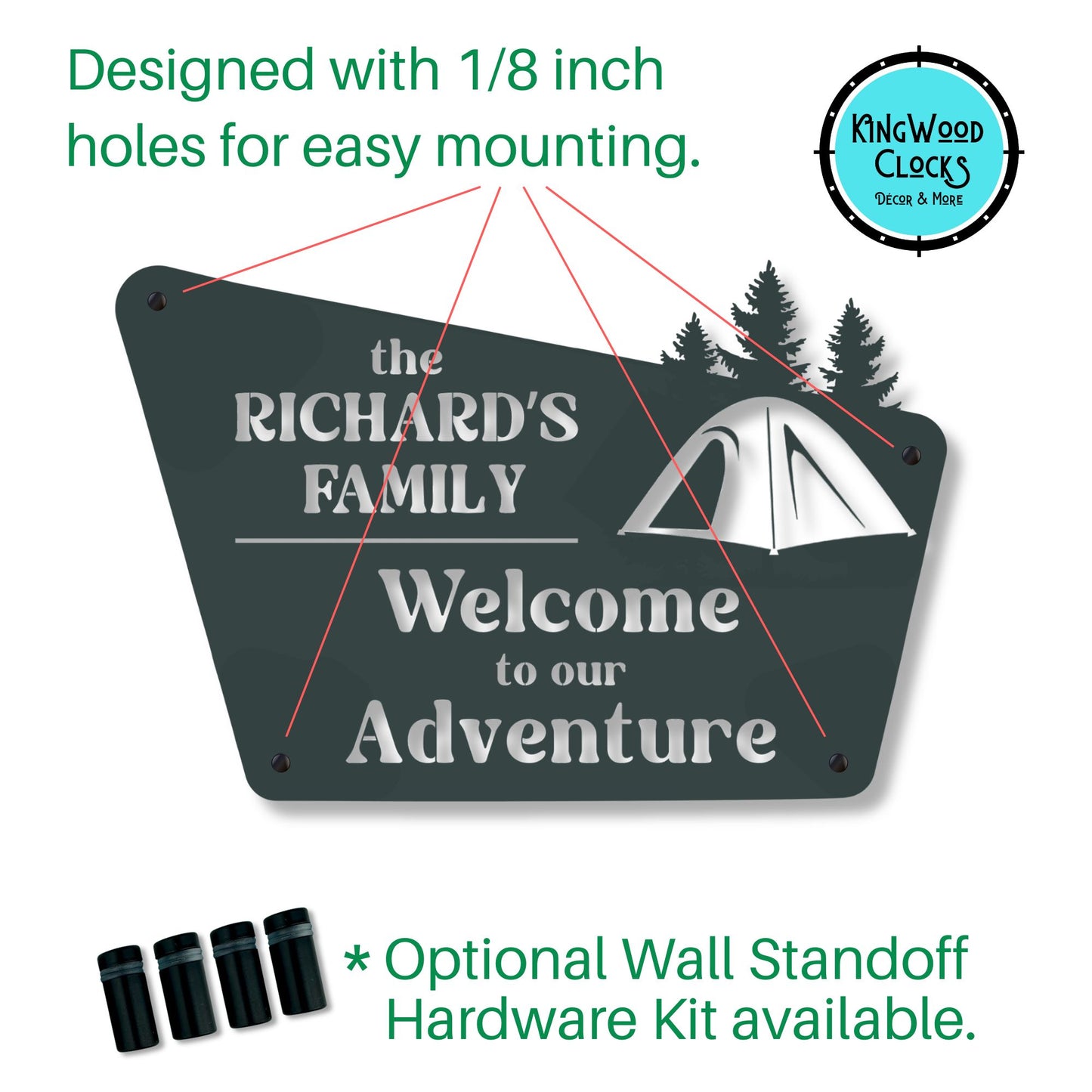 Personalized sign with camping design and text, featuring Kingwood Clocks logo.