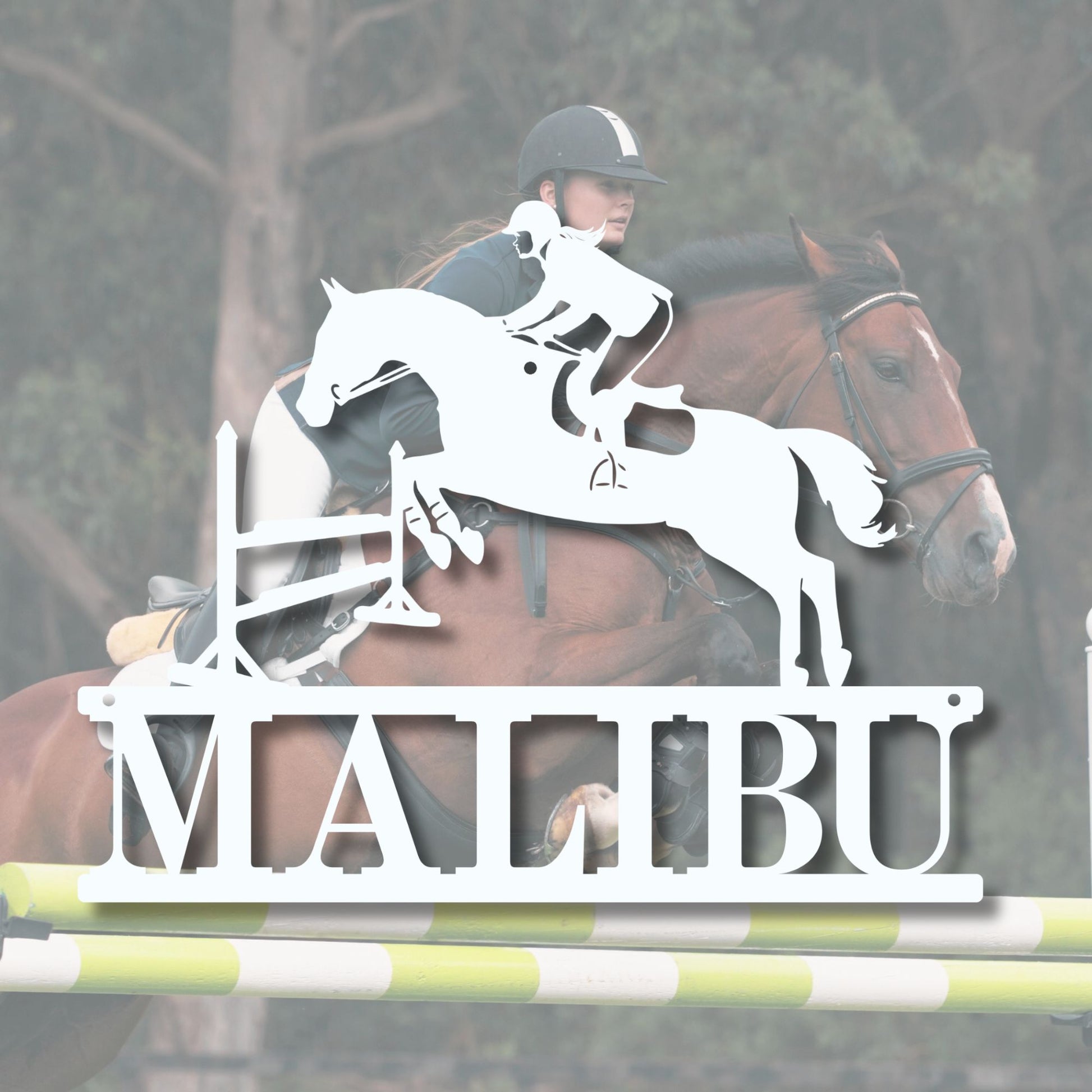 Horse and rider jumping over a Malibu logo with trees in the background