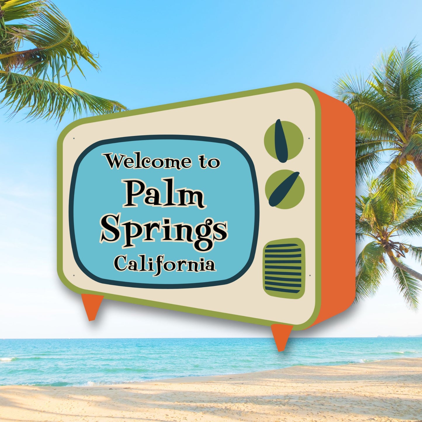 Vintage television sign with 'Welcome to Palm Springs California' text against a beach and palm tree background.