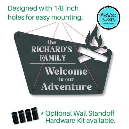Personalized wall plaque with text 'the RICHARD'S FAMILY Welcome to our Adventure' and Kingwood Clocks branding.