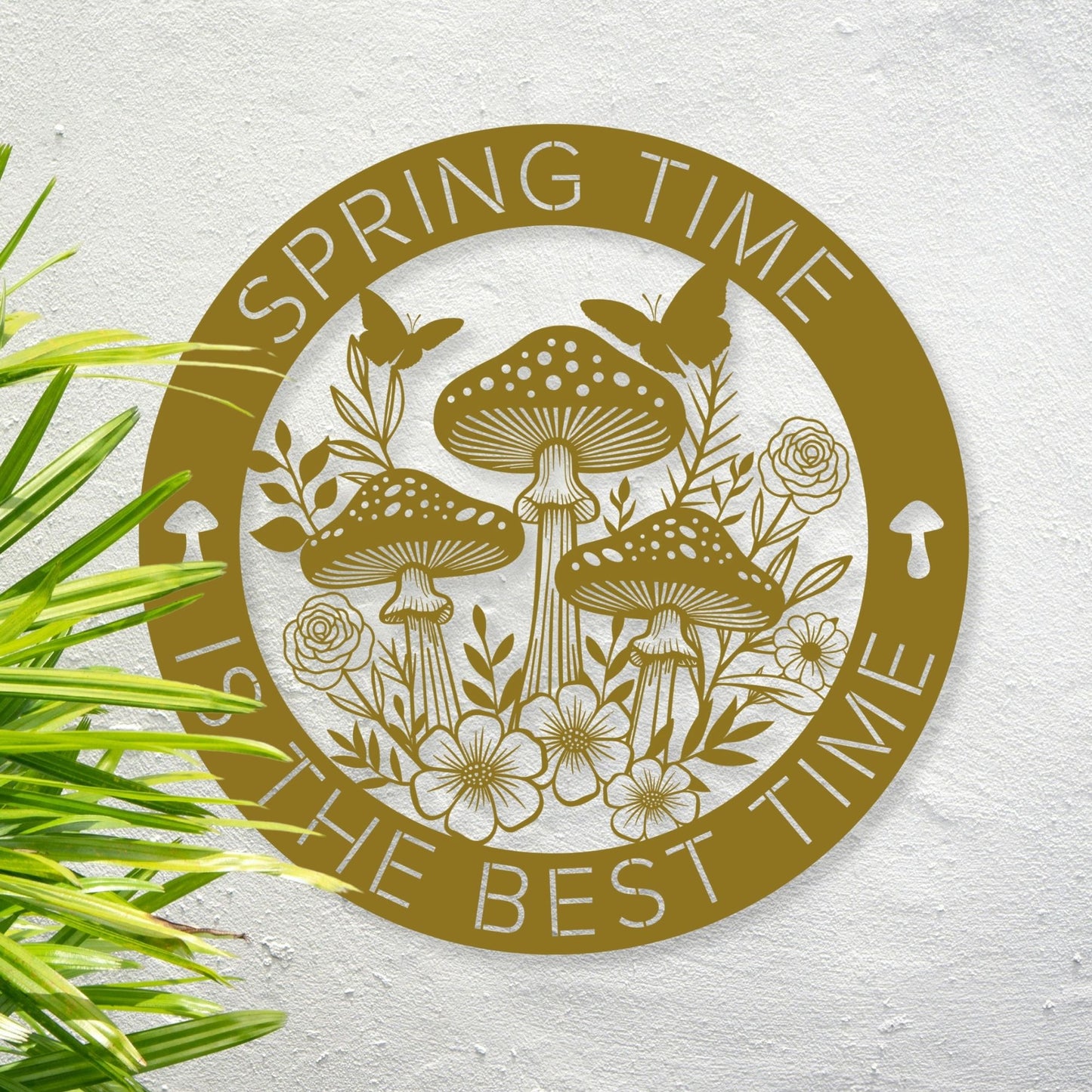 Decorative emblem with mushrooms and flowers and 'Spring Time is the Best Time' text on a textured background.