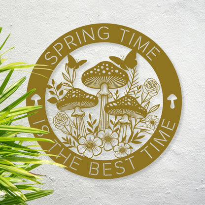 Decorative emblem with mushrooms and flowers and 'Spring Time is the Best Time' text on a textured background.