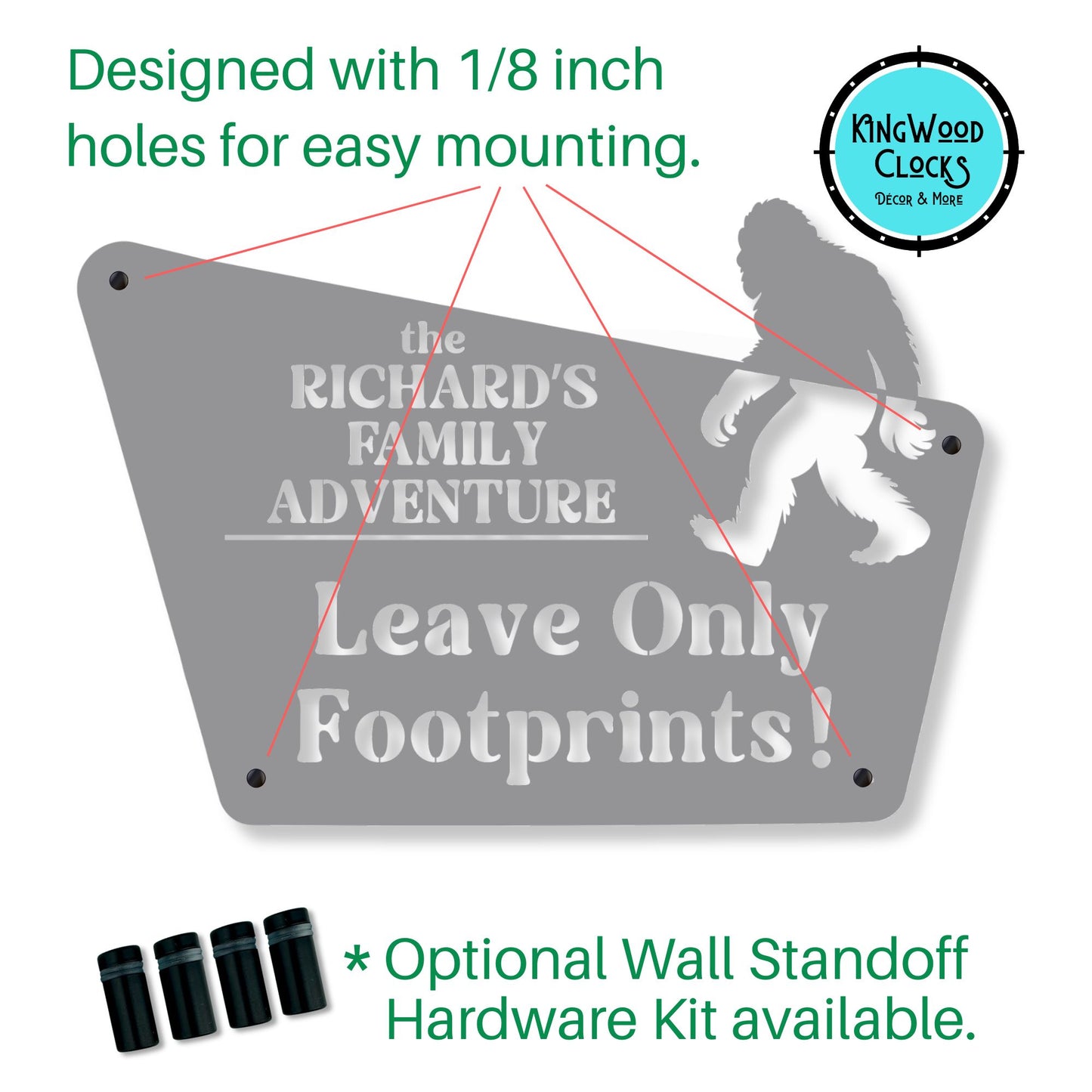 Metal sign with 'Bigfoot' design and text, featuring Kingwood Clocks logo.