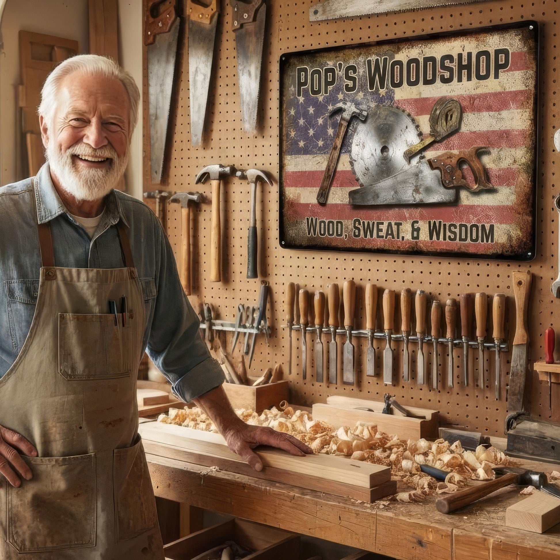 Man in a workshop with tools and 'Pop's Woodshop' sign
