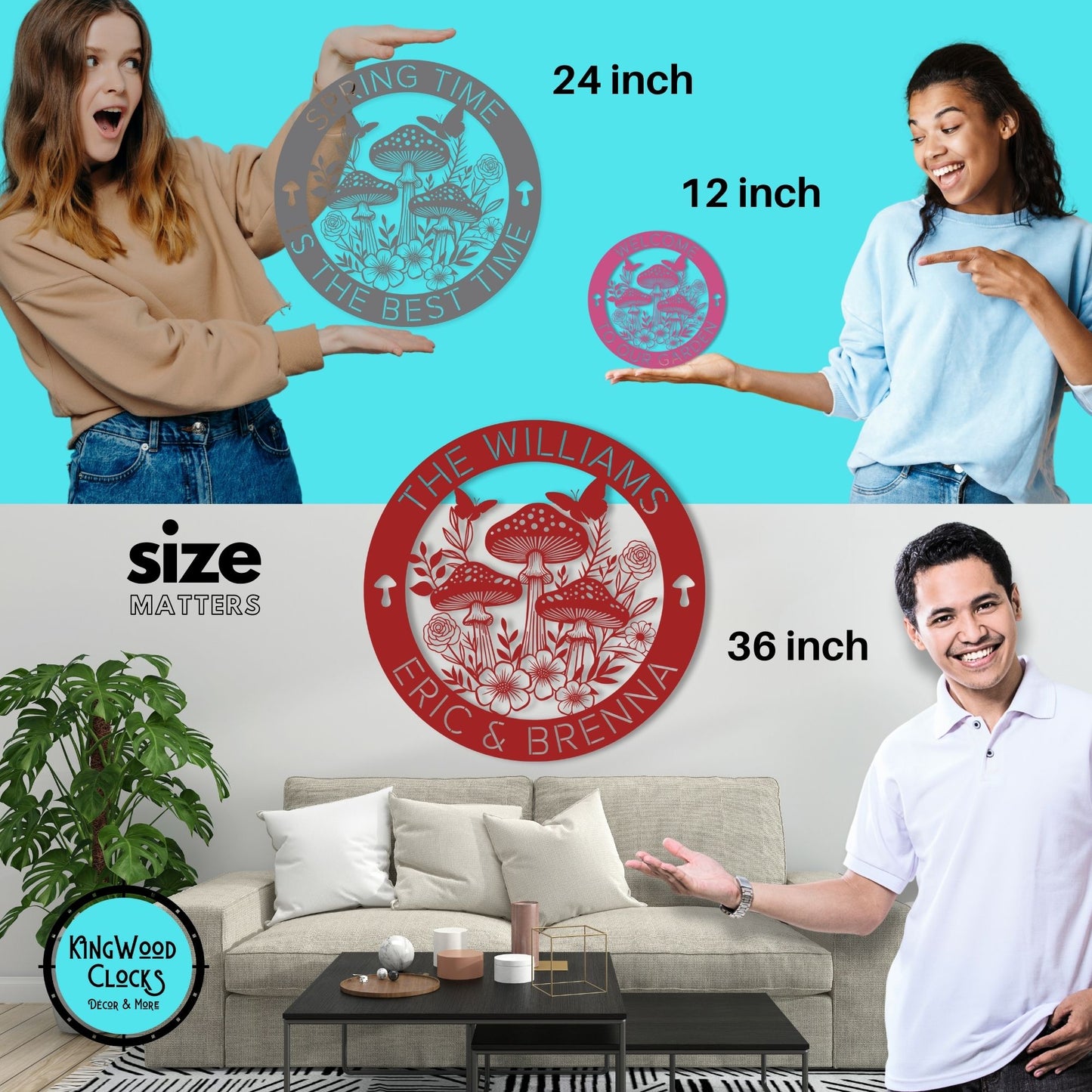 Three people holding decorative wall clocks of different sizes against a blue background, with a living room scene below showing a 36-inch clock.