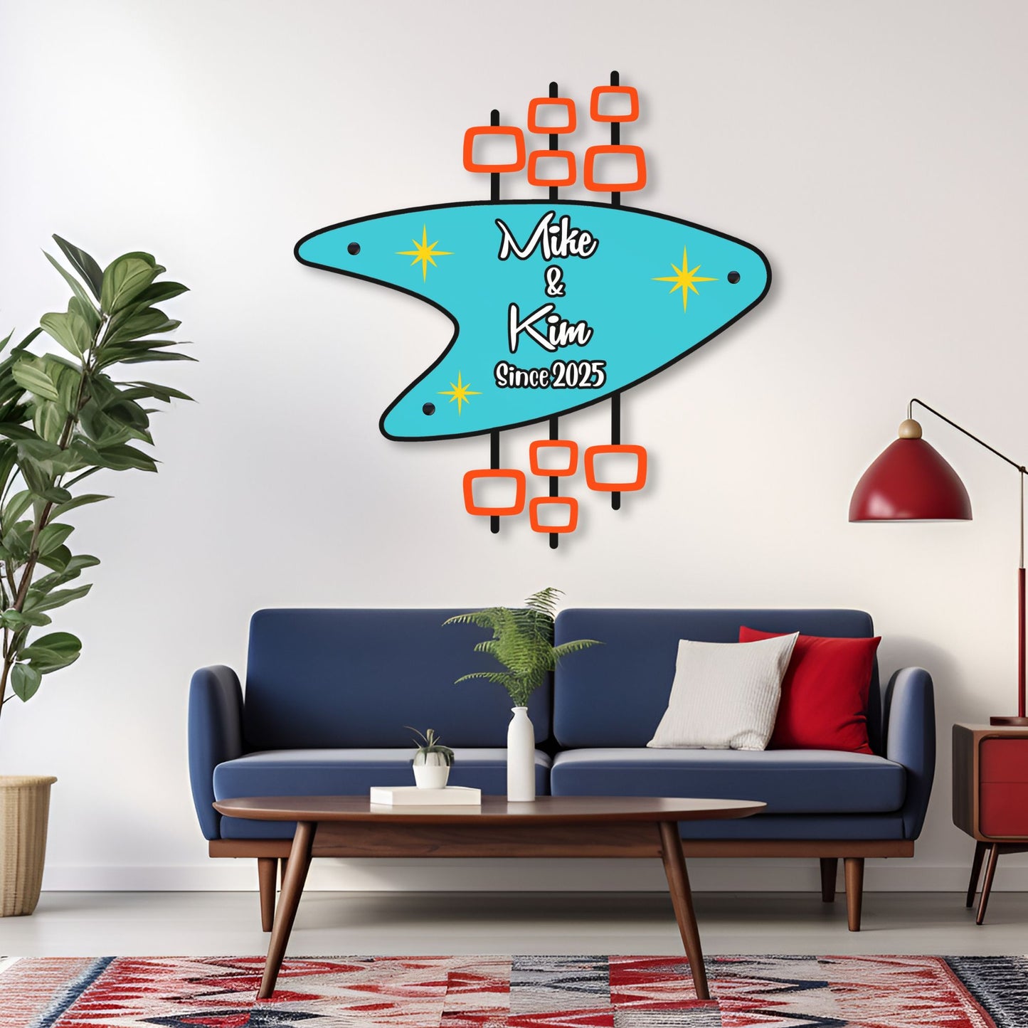 Personalized Retro Metal Sign hung over colorful modern couch in living space with Mike & Kim Since 2025 inscribed on sign