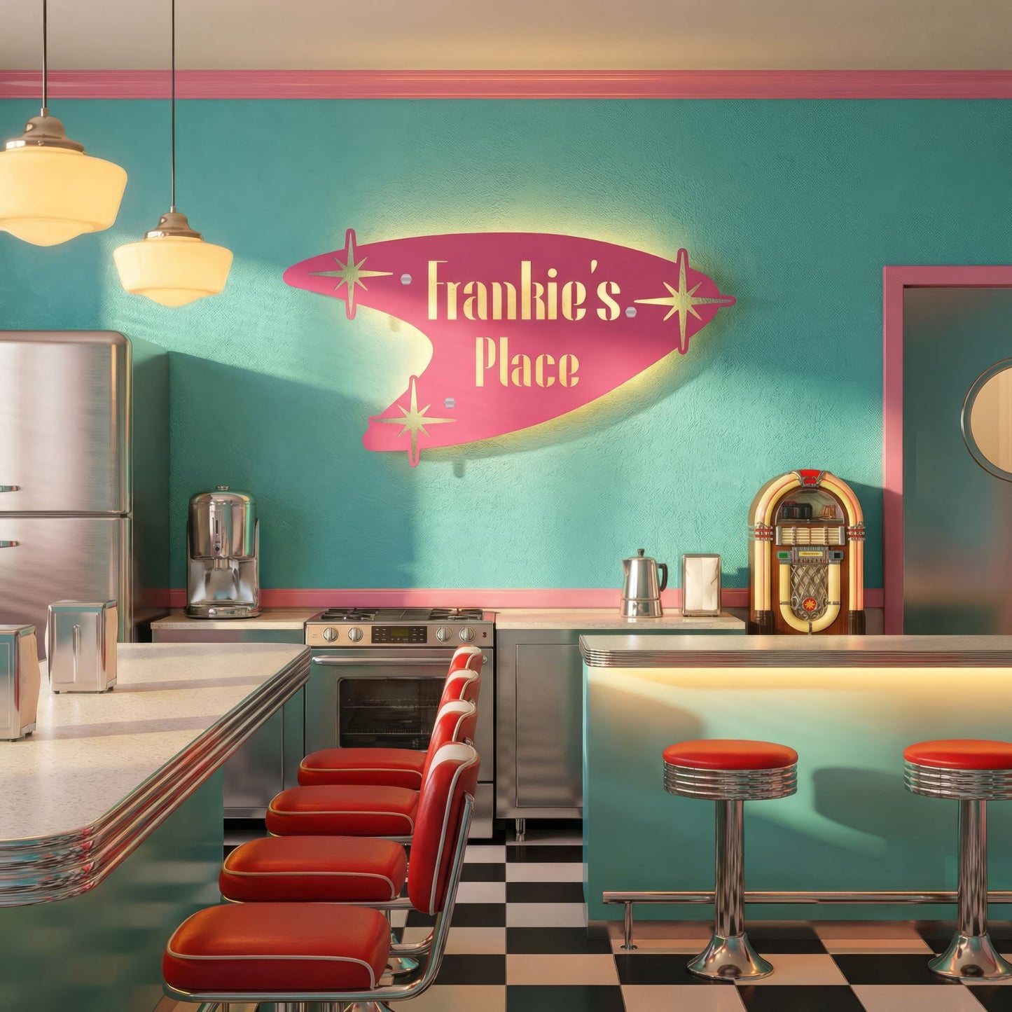 Diner interior with 'Frankie's Place' sign on the wall.