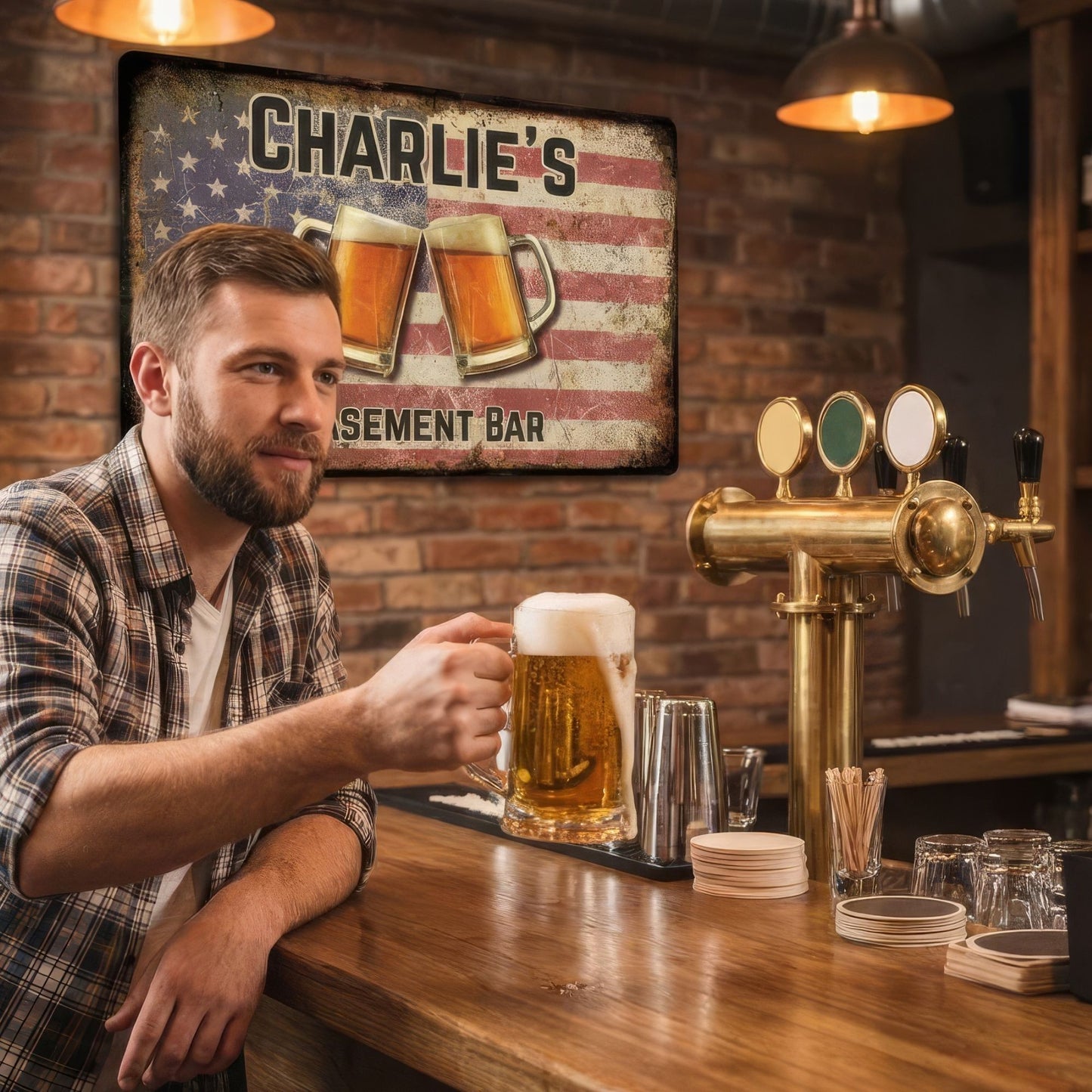 Man holding a beer mug in a bar with a 'Charlie's Sement Bar' sign in the background.