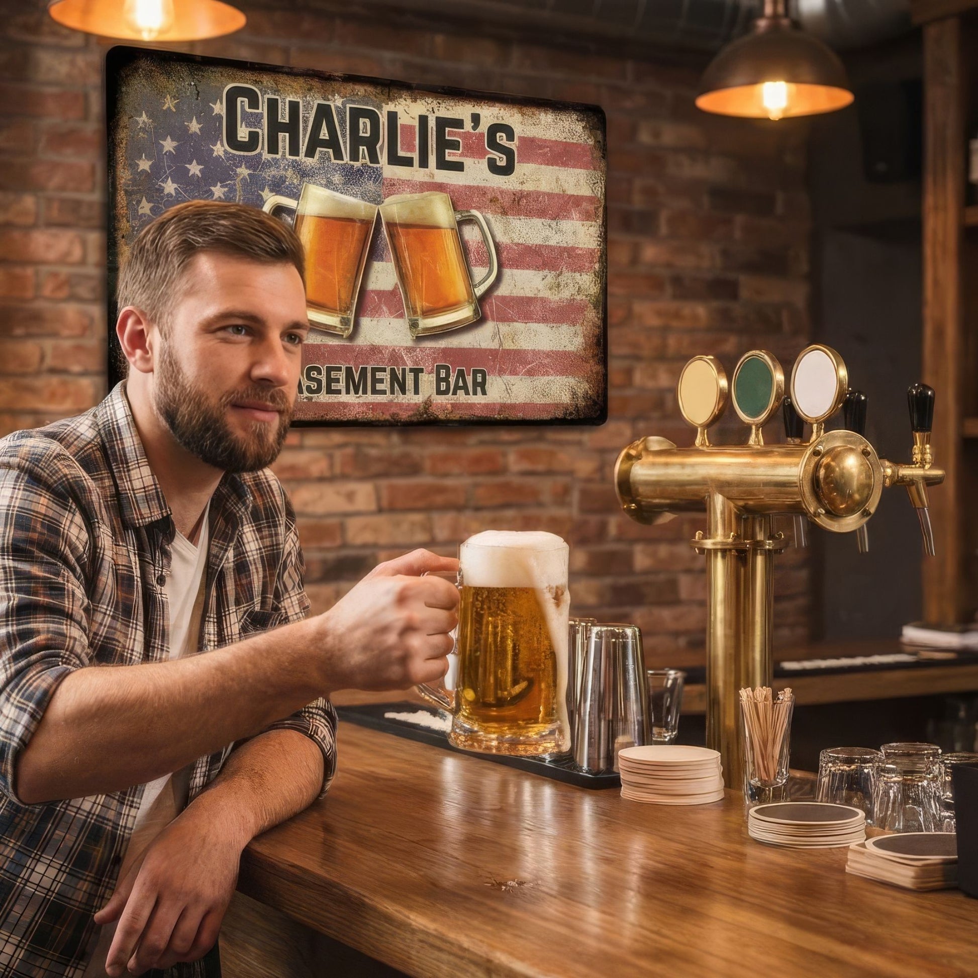 Man holding a beer mug in a bar with a 'Charlie's Sement Bar' sign in the background.