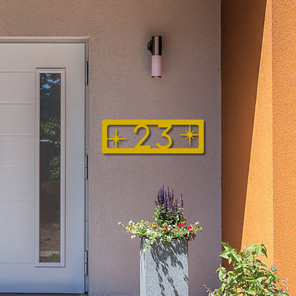 Horizontal Number Address Sign, Open Style yellow on mcm palm springs style front porch of home