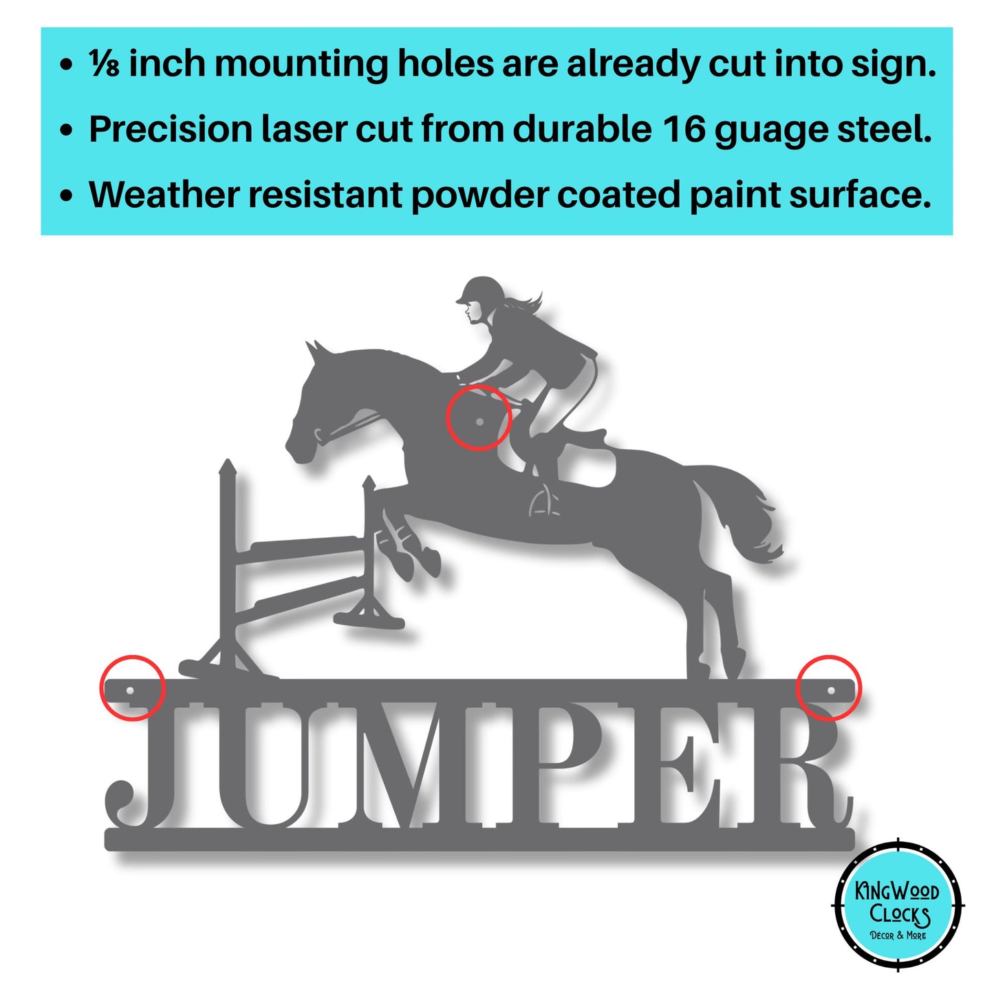 Metal sign with horse and rider design, featuring the word 'Jumper', on a white background with text about material and finish.