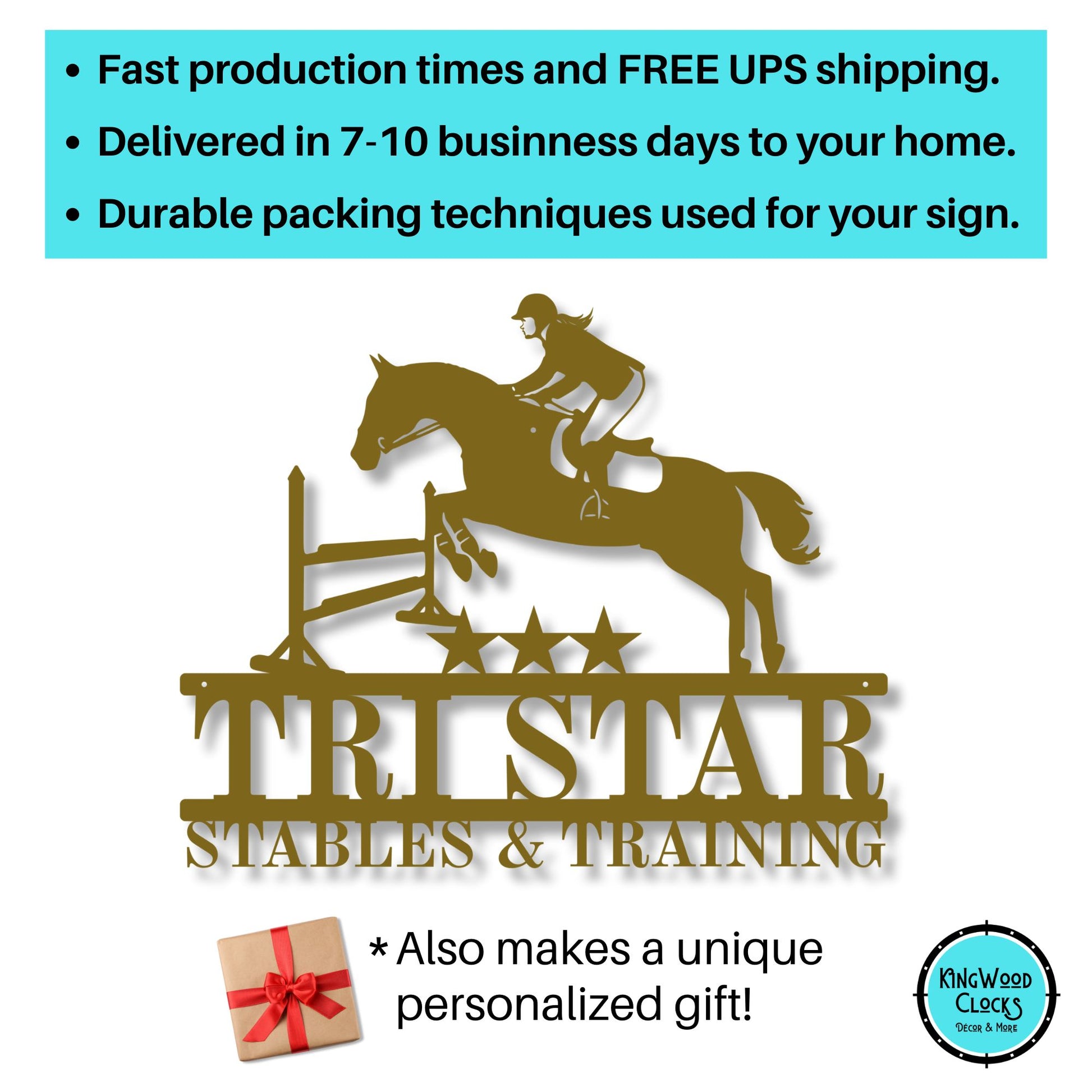 Metal sign with horse and rider design, featuring 'TriStar Stables & Training' text, on a white background with promotional text above.