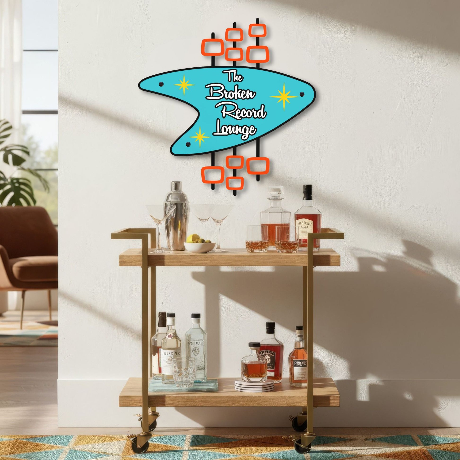 Personalized Retro Metal Sign hanging over bar car with the broken record lounge on sign