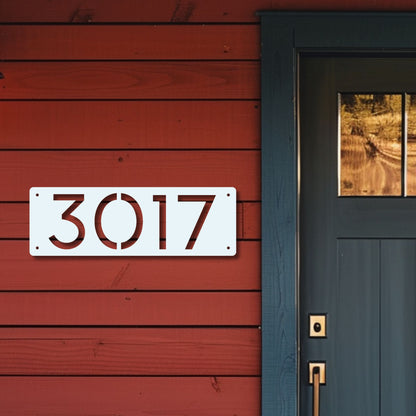 Horizontal Number Address Sign, Closed Style in white on bright red siding with inviting blue door