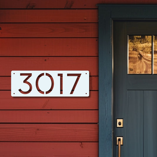 Horizontal Number Address Sign, Closed Style in white on bright red siding with inviting blue door