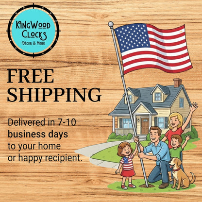 Advertisement for Kingwood Clocks with a family and American flag on a wooden background, promoting free shipping.
